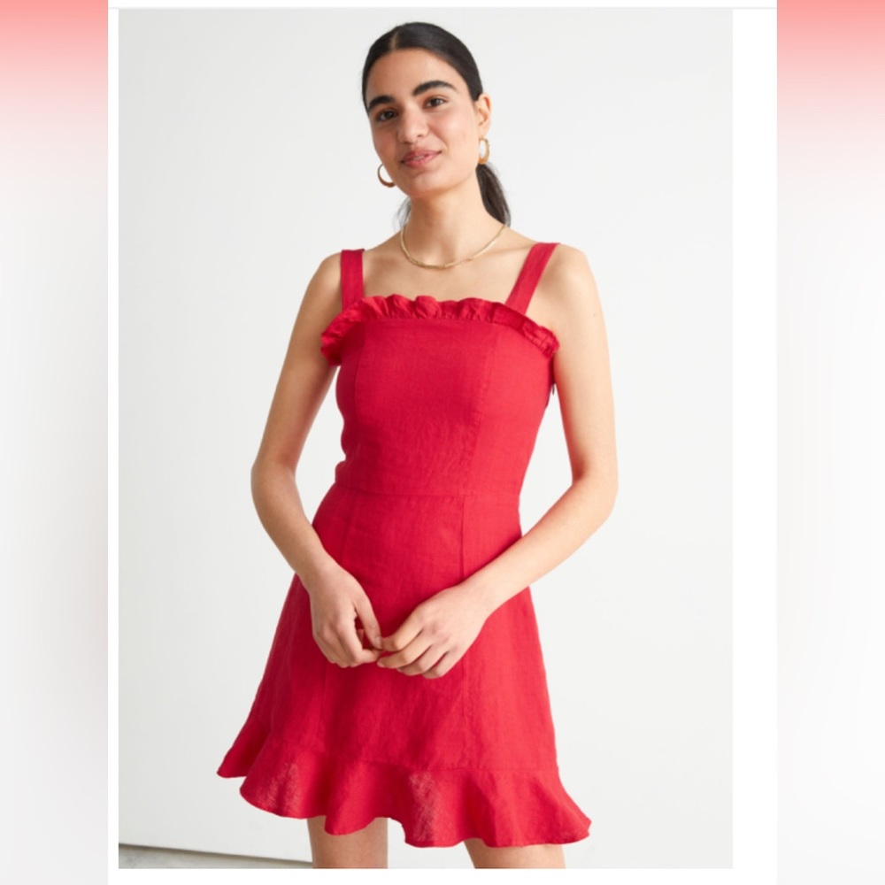 & Other Stories Linen Mini Ruffle Red Dress